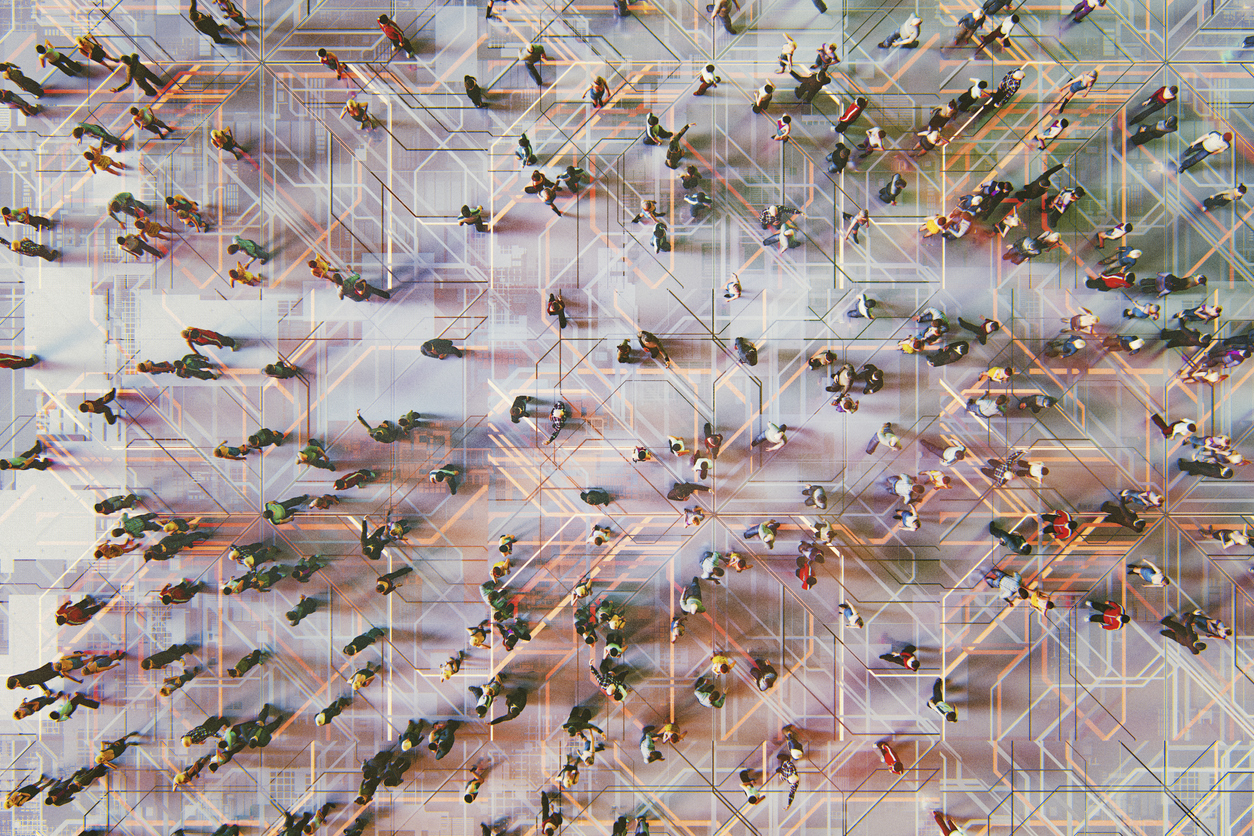 Overhead view of crowds overlaid with a network of connecting data lines